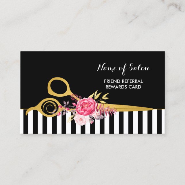 Faux Gold Scissors Pink Floral Hair Salon Referral Card (Front)