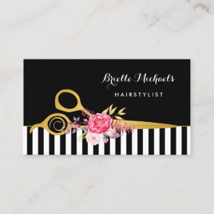 Faux Gold Scissors Stripes Pink Floral Hair Salon Business Card