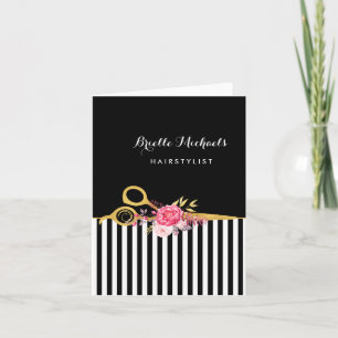 Faux Gold Scissors Stripes Pink Floral Hair Salon Card