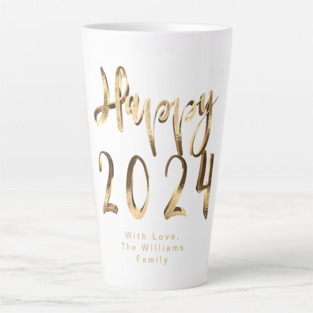 Faux Gold Script Happy 2024 New Year's Latte Mug (Front)