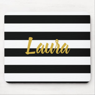 Faux Gold Script with Black and White Stripes Mouse Mat