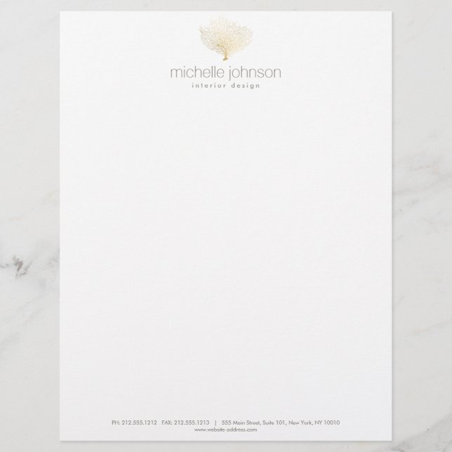 Faux Gold Sea Fan Coral Custom Letterhead (Front)