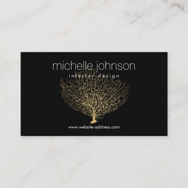 Faux Gold Sea Fan Coral Interior Designer Black Business Card (Front)