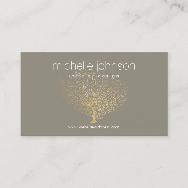 Faux Gold Sea Fan Coral Interior Designer Grey Business Card (Front)