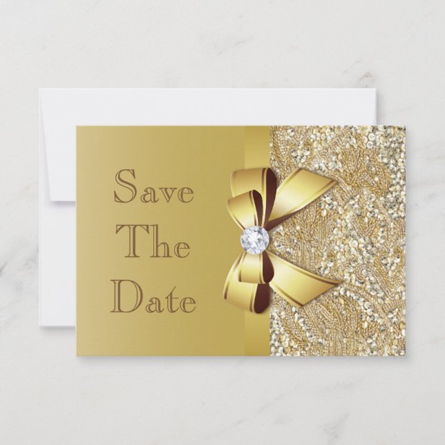 Faux Gold Sequins and Bow Wedding Save The Date (Front)