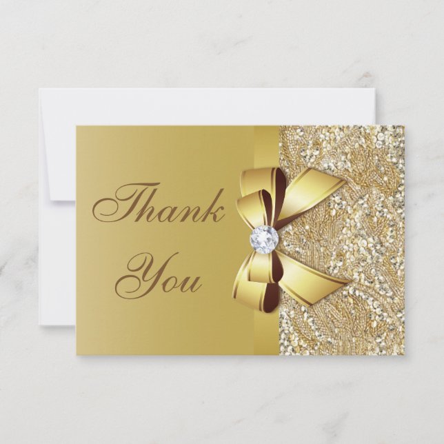 Faux Gold Sequins and Bow Wedding Thank You Card (Front)