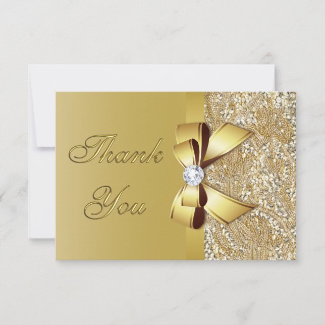 Faux Gold Sequins Bow Diamond Wedding Thank You Card (Front)