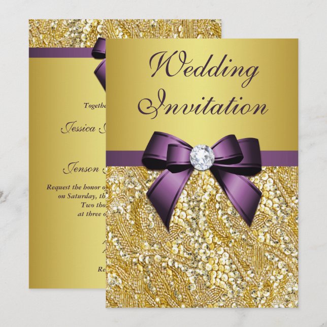 Faux Gold Sequins Diamonds Purple Bow Wedding Invitation (Front/Back)