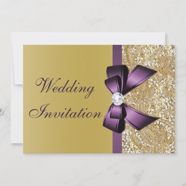 Faux Gold Sequins Purple Bow Wedding Invitation (Front)