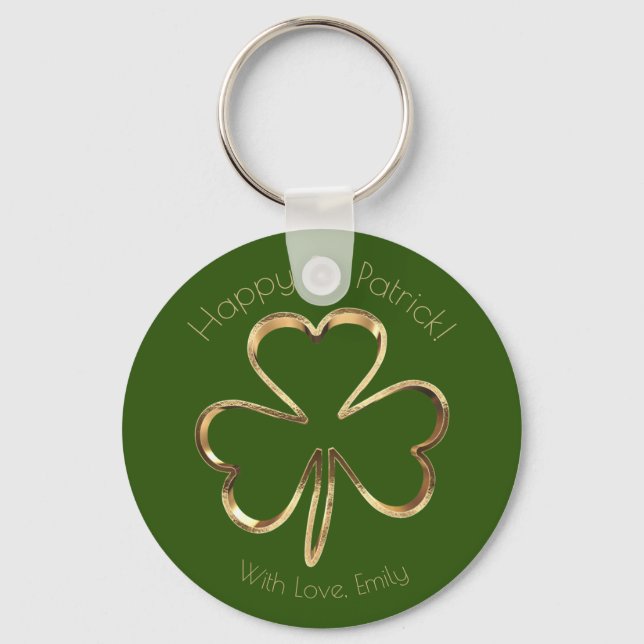 Faux Gold Shamrock Clover Custom Text St. Patrick Key Ring (Front)