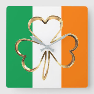 Faux Gold Shamrock Clover Irish Flag Square Wall Clock