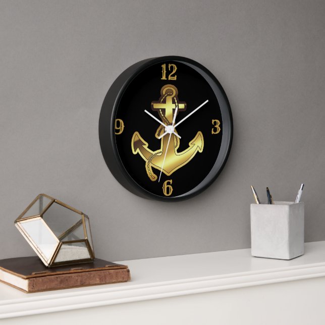 Faux Gold Ship Anchor With Numbers Wall Clock (Office)