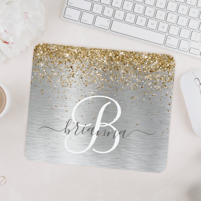 Faux Gold Silver Brushed Metal Glitter Monogram Mouse Mat (Creator Uploaded)