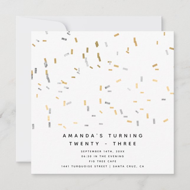 Faux Gold Silver Modern Sprinkles Adult Birthday Invitation (Front)