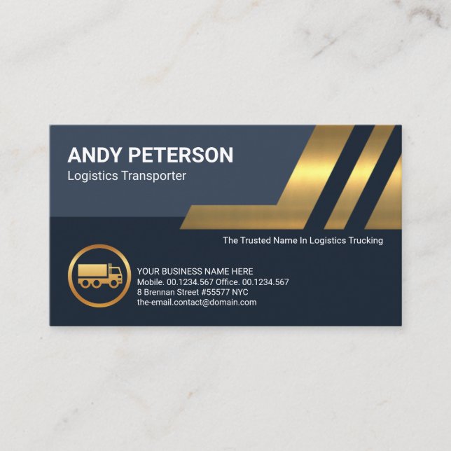 Faux Gold Slanting Logistics Lines Truck Transport Business Card (Front)
