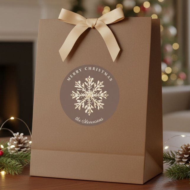 Faux Gold Snowflake Brown Custom Holiday Classic Round Sticker (Creator Uploaded)