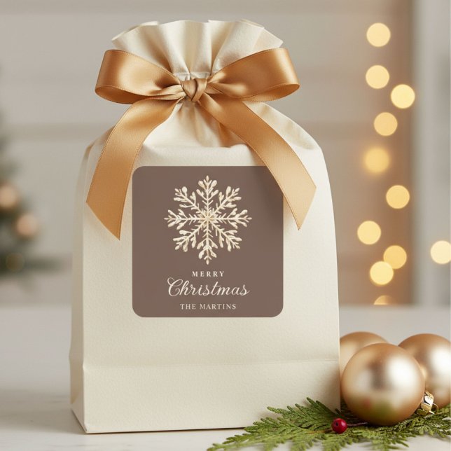 Faux Gold Snowflake Brown Custom Holiday Square Sticker (Creator Uploaded)