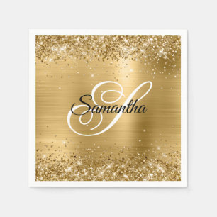 Faux Gold Sparkly Glitter and Foil Fancy Monogram Napkin
