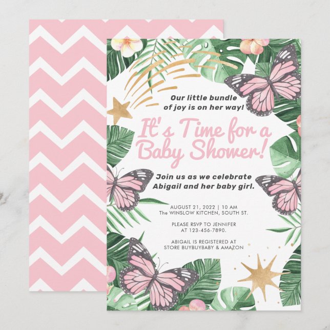 Faux Gold Star & Pink Butterfly Girl Baby Shower Invitation (Front/Back)