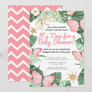 Faux Gold Star & Pink Butterfly Girl Baby Shower Invitation