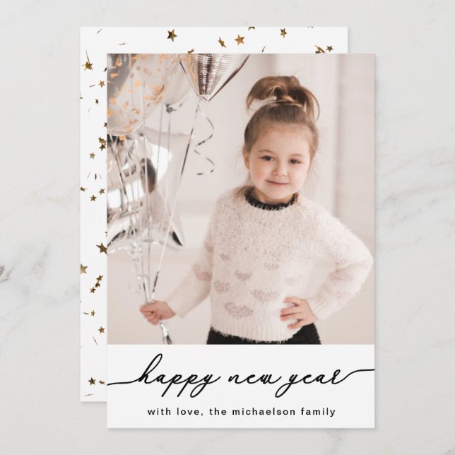 Faux Gold Stars and Confetti Photo Happy New Year Holiday Card (Front/Back)