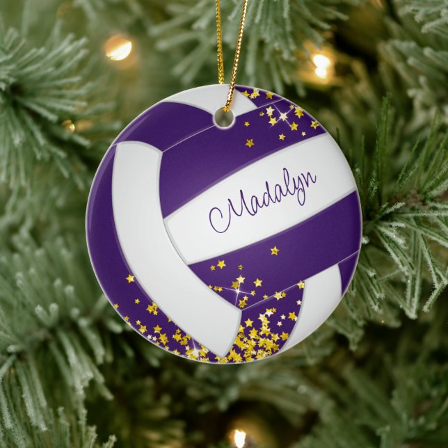 faux gold stars girls sports purple volleyball  ceramic tree decoration (Tree)