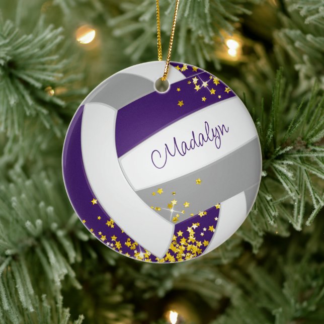 faux gold stars on girls purple grey volleyball  ceramic tree decoration (Tree)