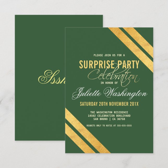 Faux Gold Strip Dark Green Surprise Birthday Party Invitation (Front/Back)