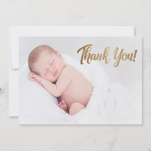 Faux Gold Thank You Script Baby Photo Birth Announcement (Front)