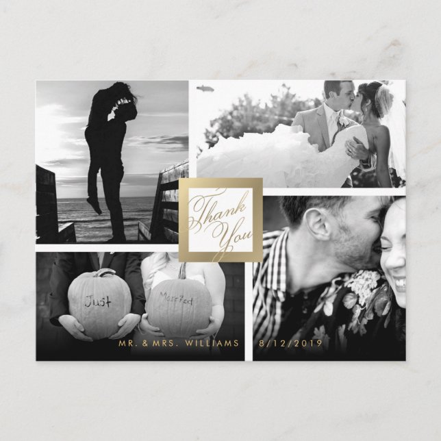 Faux Gold Thank You Wedding 4 Photo Postcard (Front)