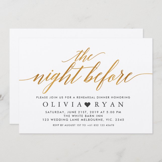 Faux gold the night before invitation (Front/Back)