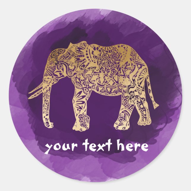 faux gold tribal elephant purple brushstroke classic round sticker (Front)