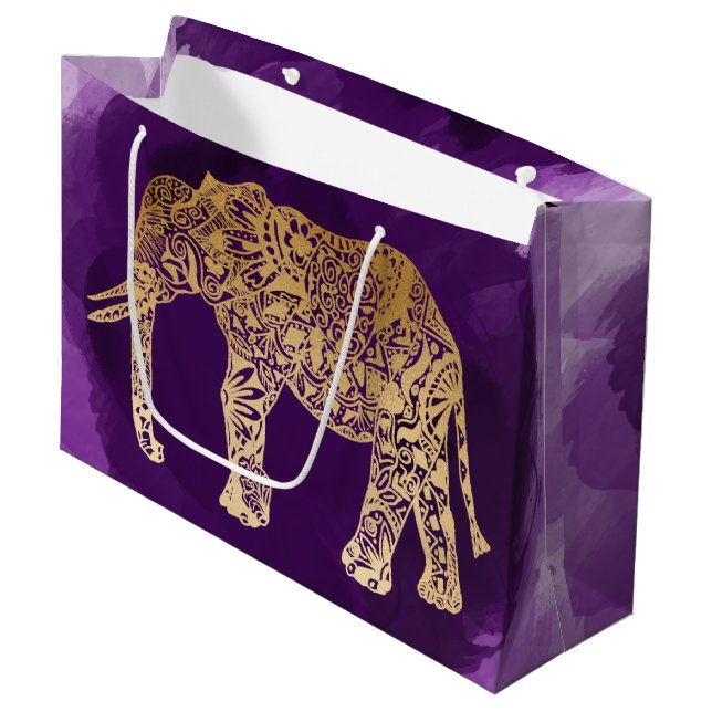 faux gold tribal elephant purple brushstroke large gift bag (Front Angled)