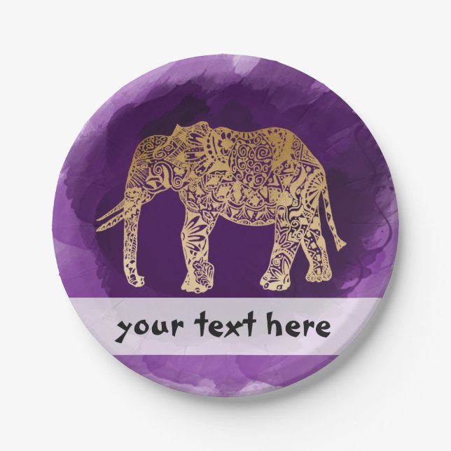 faux gold tribal elephant purple brushstroke paper plate (Front)