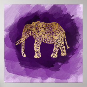 faux gold tribal elephant purple brushstroke poster