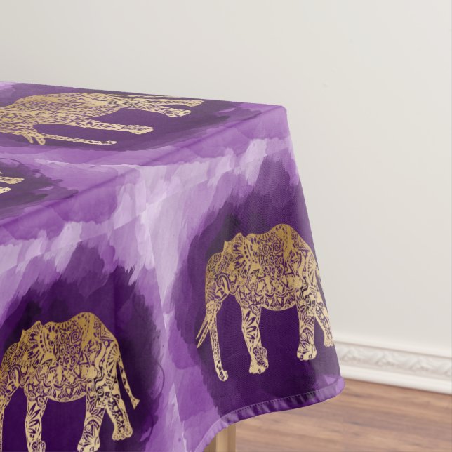 faux gold tribal elephant purple brushstroke tablecloth (In Situ)