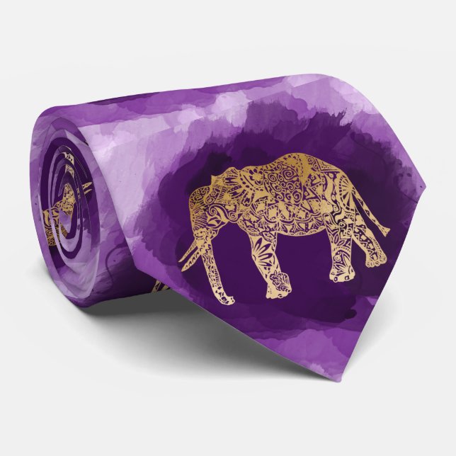 faux gold tribal elephant purple brushstroke tie (Rolled)