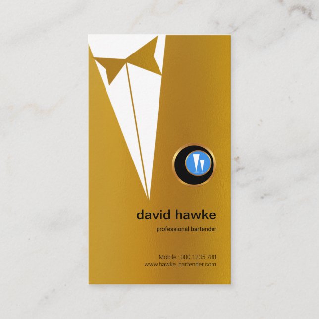 Faux Gold Tuxedo Gold Boutonniere Bartender Logo Business Card (Front)