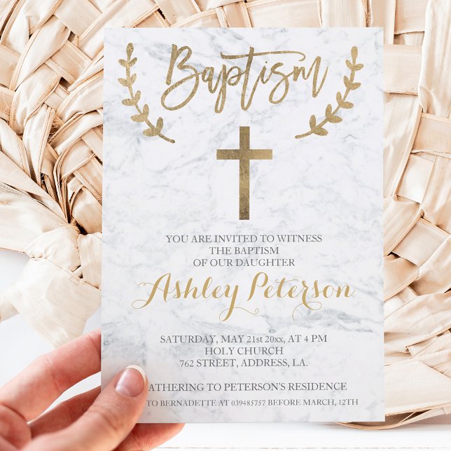 Faux gold typography marble baptism invitation (Creator Uploaded)