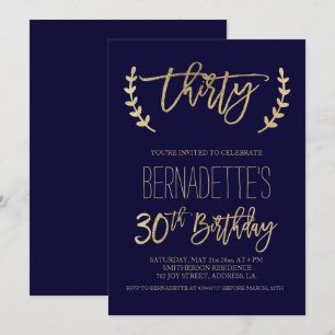 Faux gold typography navy blue 30th Birthday Invitation