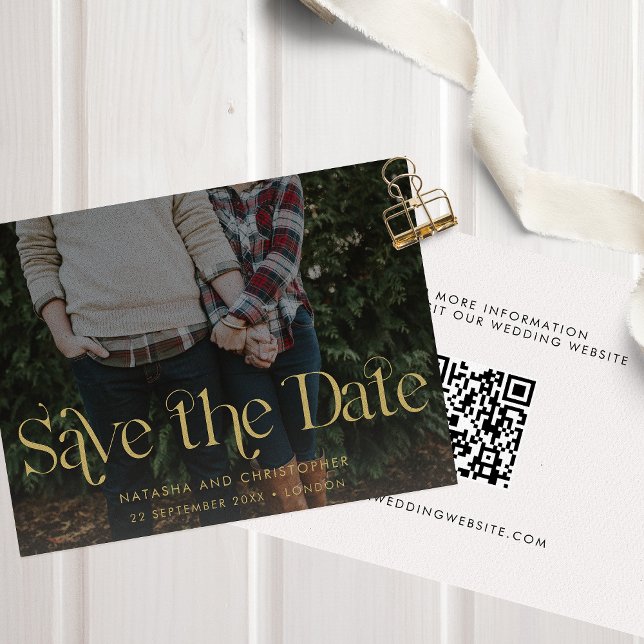 Faux Gold Typography QR Code Photo Save The Date (Creator Uploaded)