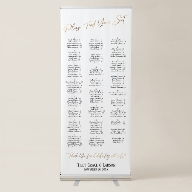 Faux Gold Typography Seating Chart 128 Names Retractable Banner (Front)