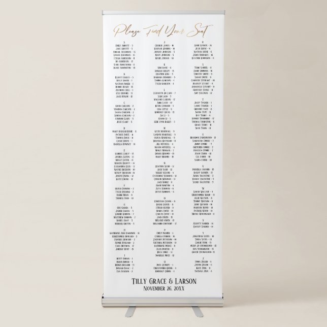 Faux Gold Typography Seating Chart 170 Names Retractable Banner (Front)