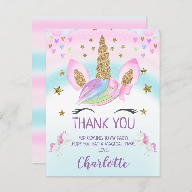 Faux Gold Unicorn Rainbow Birthday Thank You Card (Front/Back)