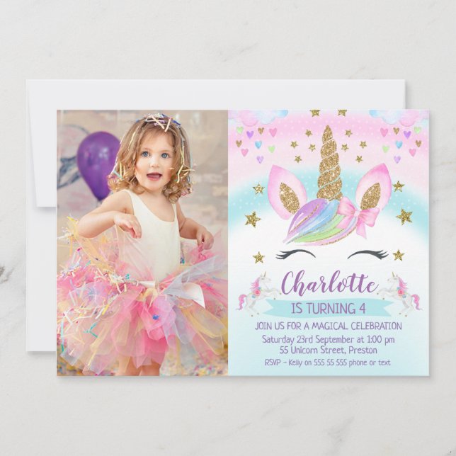 Faux Gold Unicorn Rainbow  Photo Birthday Invitation (Front)