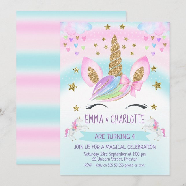 faux Gold Unicorn Rainbow Twins Joint Birthday Invitation (Front/Back)