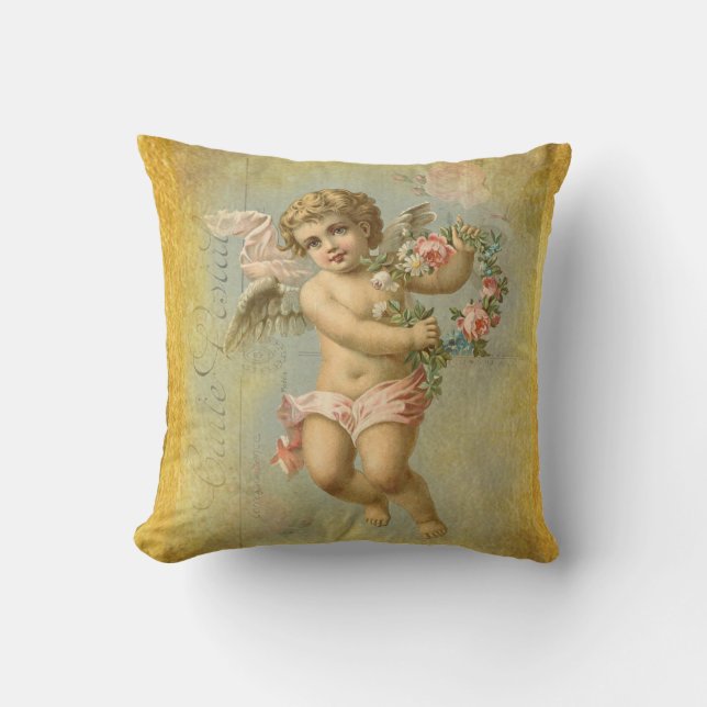 Faux Gold, Valentine Cherub on blue background Cushion (Front)