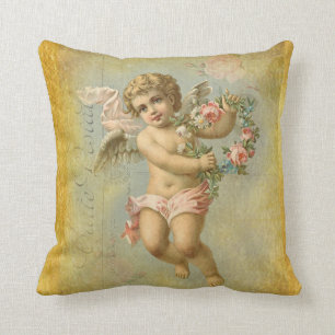 Faux Gold, Valentine Cherub on blue background Cushion