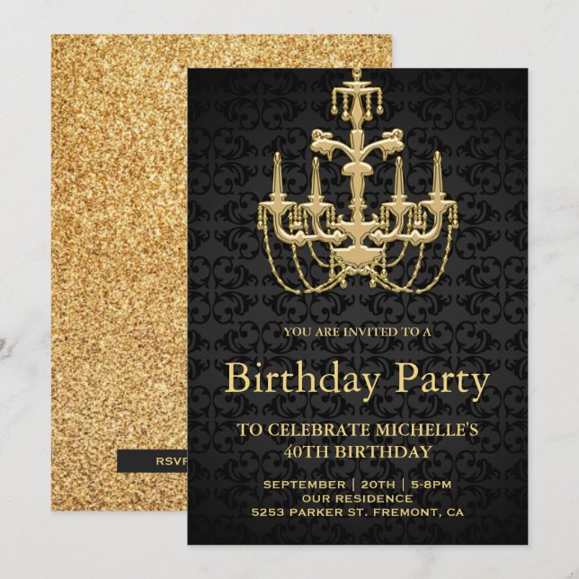 Faux Gold Vintage Chandelier Birthday Party Invitation (Front/Back)