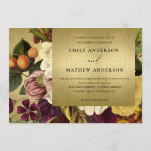 FAUX GOLD VINTAGE RETRO BURGUNDY FLORAL WEDDING INVITATION